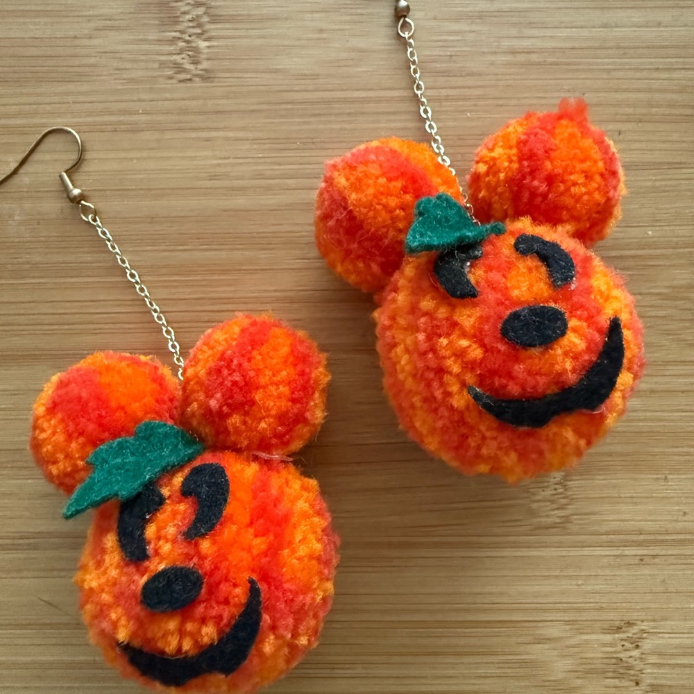 Orange Mickey Pumpkin Pom Pom Earrings